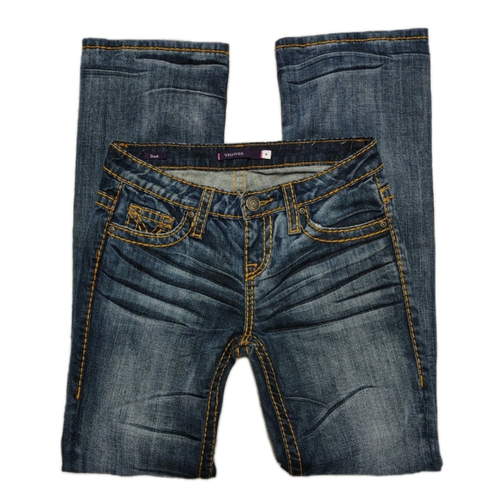 Vigoss Women's Straight Leg Jeans in Dark Wash with Contrast Gold Stitching